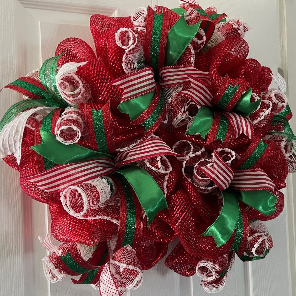 Christmas Ribbon Candy Wreath Made of Deco Mesh
